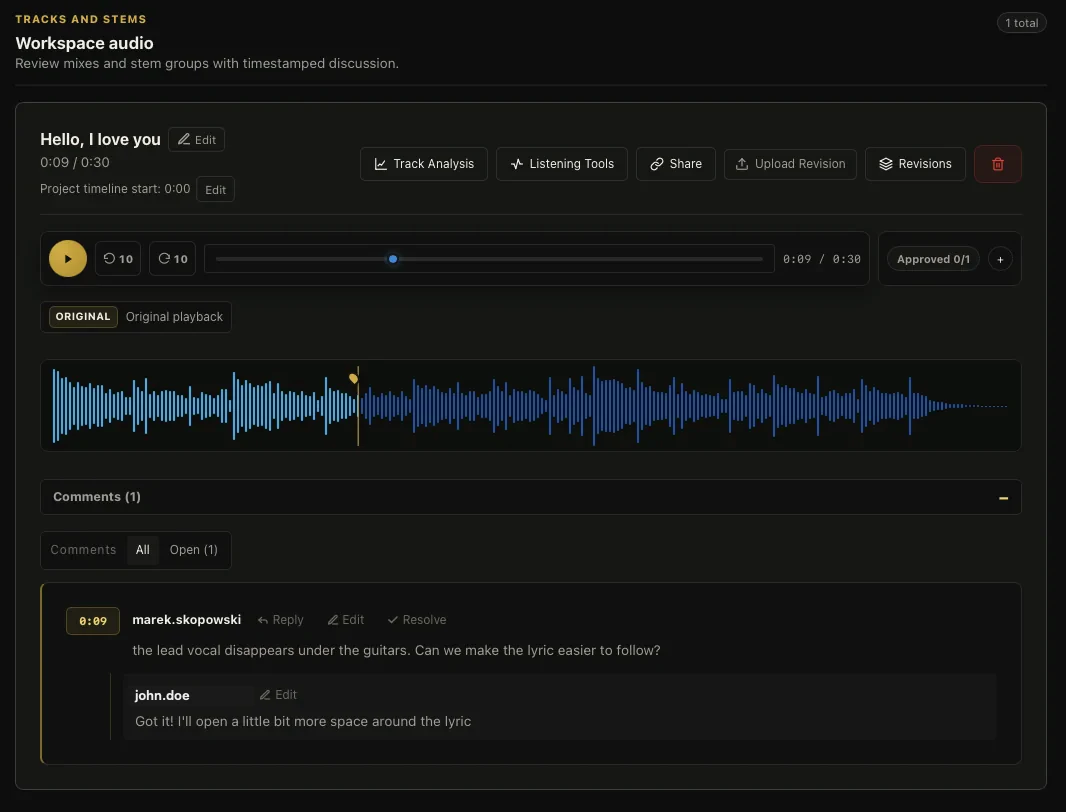 A Cuepoint track with a waveform, timestamped comment, and producer reply