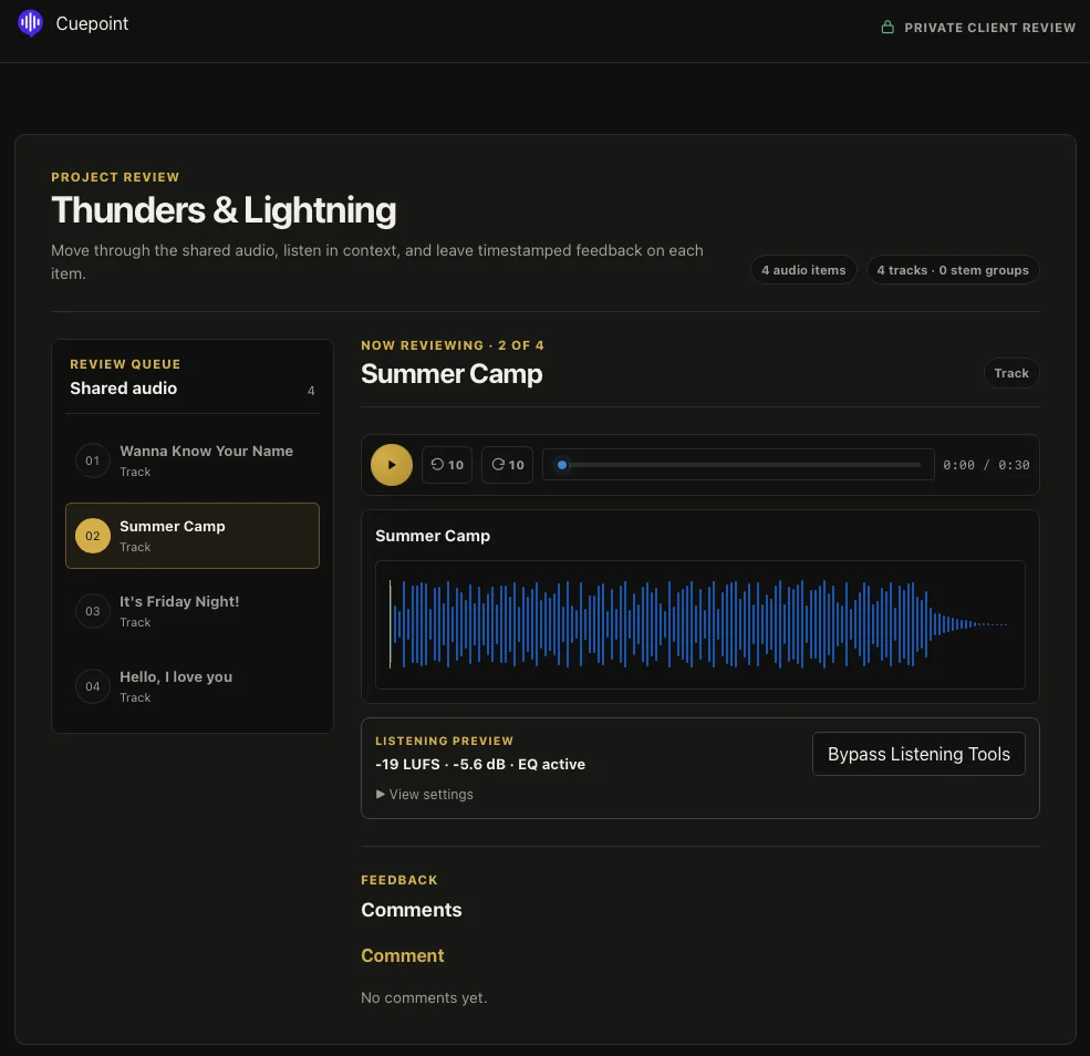 A private Cuepoint project review with four shared audio items