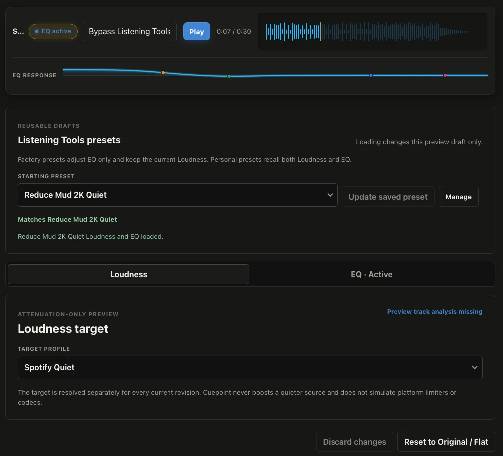 Cuepoint Listening Tools prepared for a level-matched revision comparison