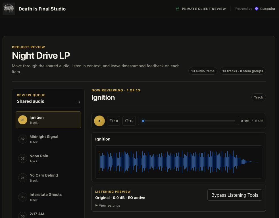 A private Cuepoint client review branded with the Death Is Final Studio logo and name