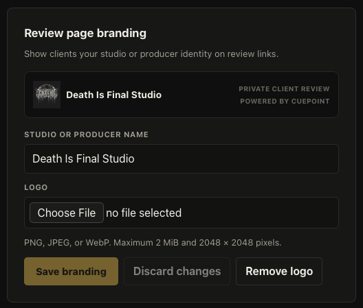 Review page branding settings with a live preview, studio name field, logo upload, and save controls