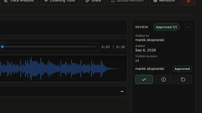 The Cuepoint review panel showing Approved 1/1 beside the waveform