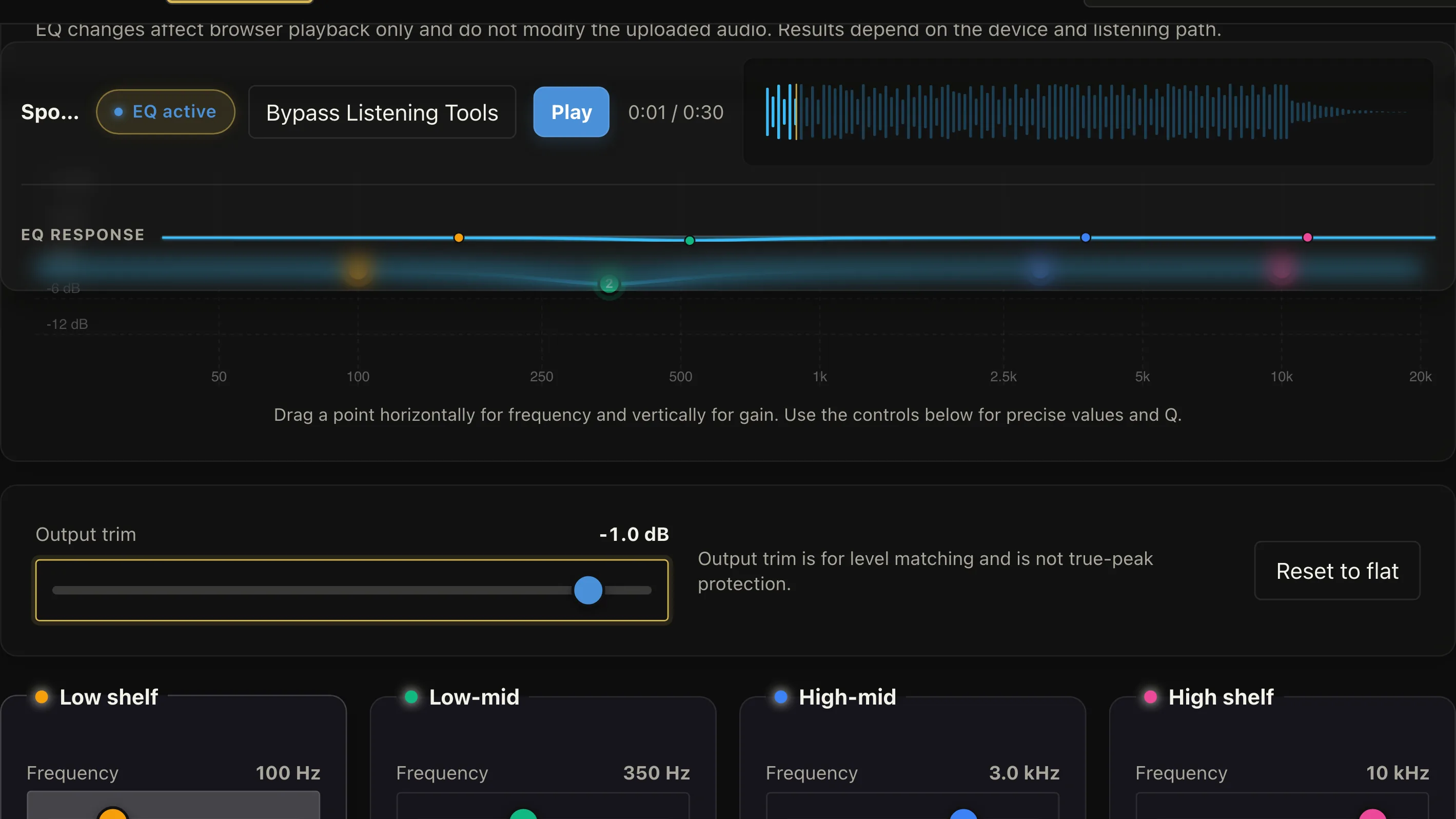 Cuepoint diagnostic EQ and output trim controls used to separate tonal balance from level