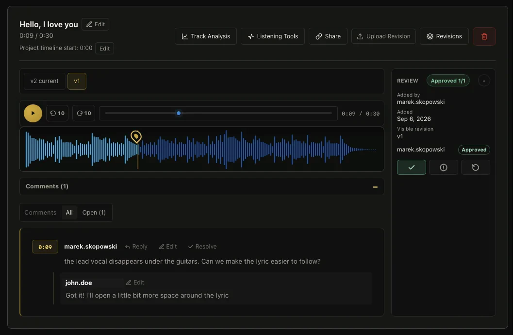 A Cuepoint track with v2 current, v1, timestamped feedback, and an approval panel