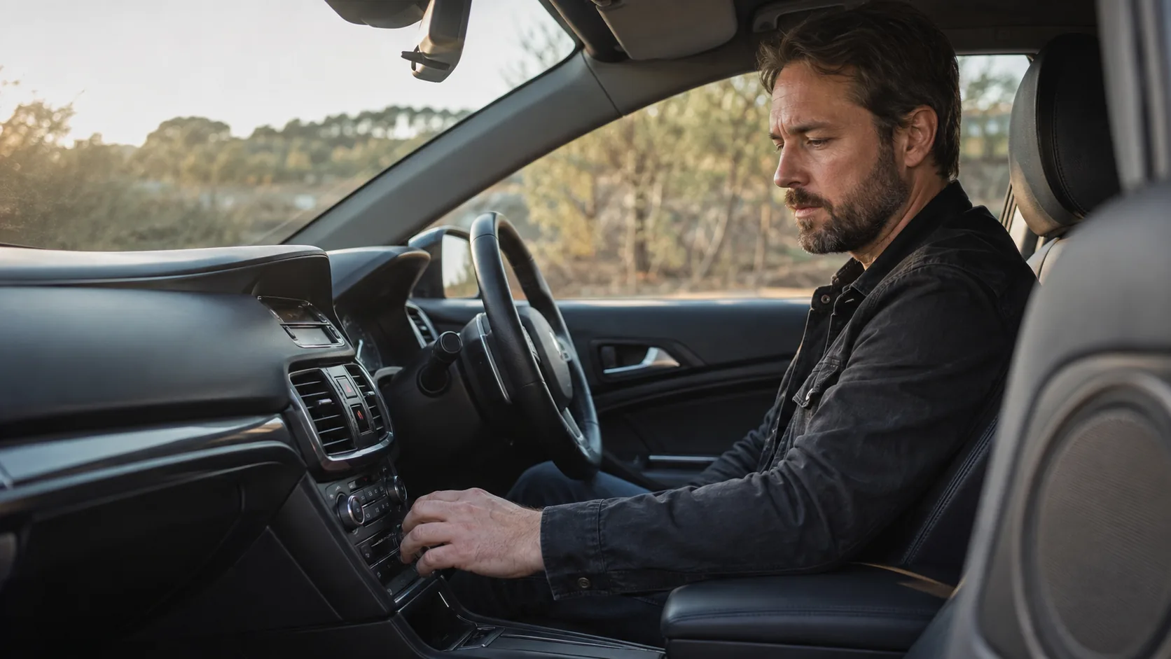 A music producer checking a mix on a parked car stereo