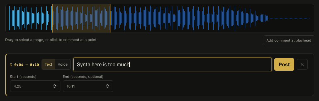 Cuepoint waveform with a selected range from 0:04 to 0:10 and an open comment composer saying Synth here is too much