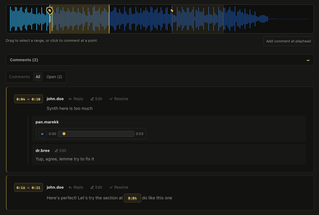 A selected 0:04 to 0:10 waveform range with its comment thread, a voice reply, a text response, and a separate range comment at 0:16 to 0:21