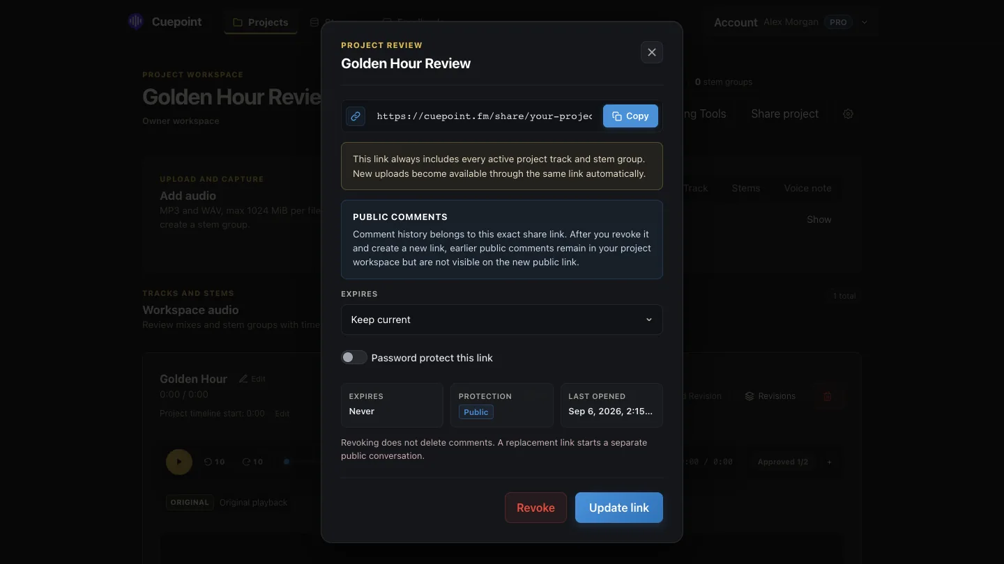Cuepoint client preview link manager with sharing and access settings