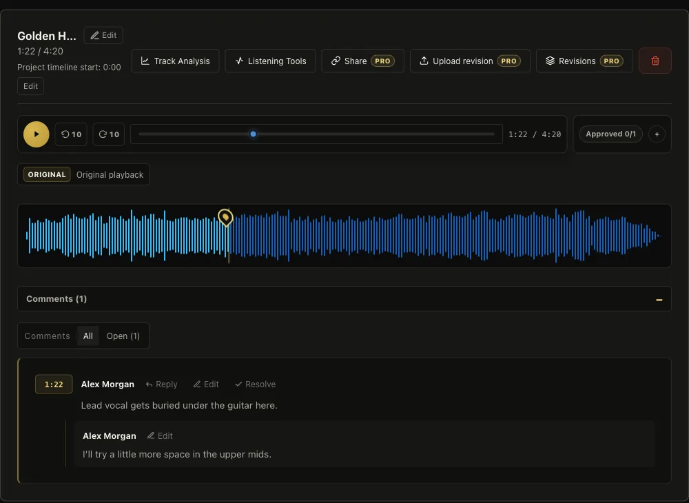 A Cuepoint waveform with a comment pinned at 1:22 and a reply